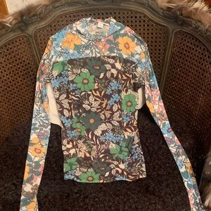 Topshop Floral Long-Sleeve Crew Top in Green, Blue & Yellow